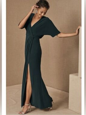 BHLDN Dark Emerald Thorton Wrap Full Length Jersey Dress - Size 2